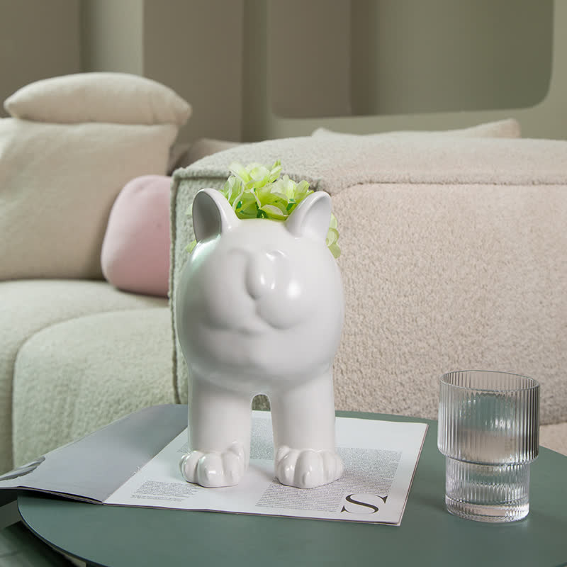 Cremefarbene Keramikvase mit Katzenmotiv