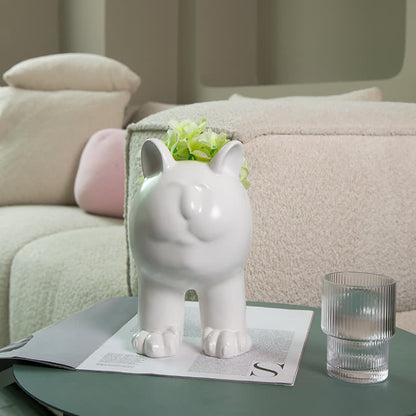 Cremefarbene Keramikvase mit Katzenmotiv