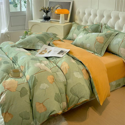 Bettwäscheset mit Ginkgoblättern aus gebürsteter Baumwolle (4-teilig)