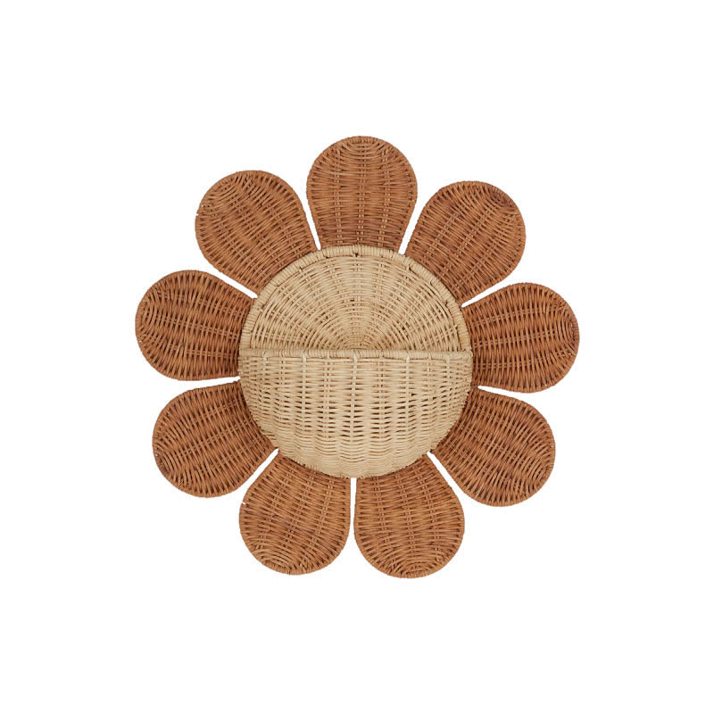 Wandkorb aus geflochtenem Rattan mit Sonnenblumenmotiv