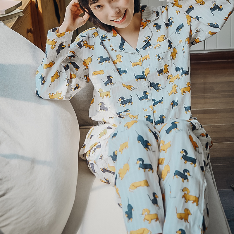Paar-Pyjama-Set aus gebürsteter Baumwolle mit Dackelmotiv