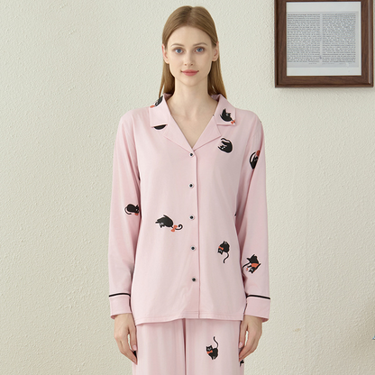 Pyjama-Set aus Modal-Baumwolle mit schwarzer Katze