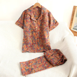Pyjama-Set aus Baumwollgaze mit Retro-Blattmuster