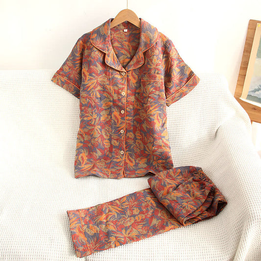 Pyjama-Set aus Baumwollgaze mit Retro-Blattmuster