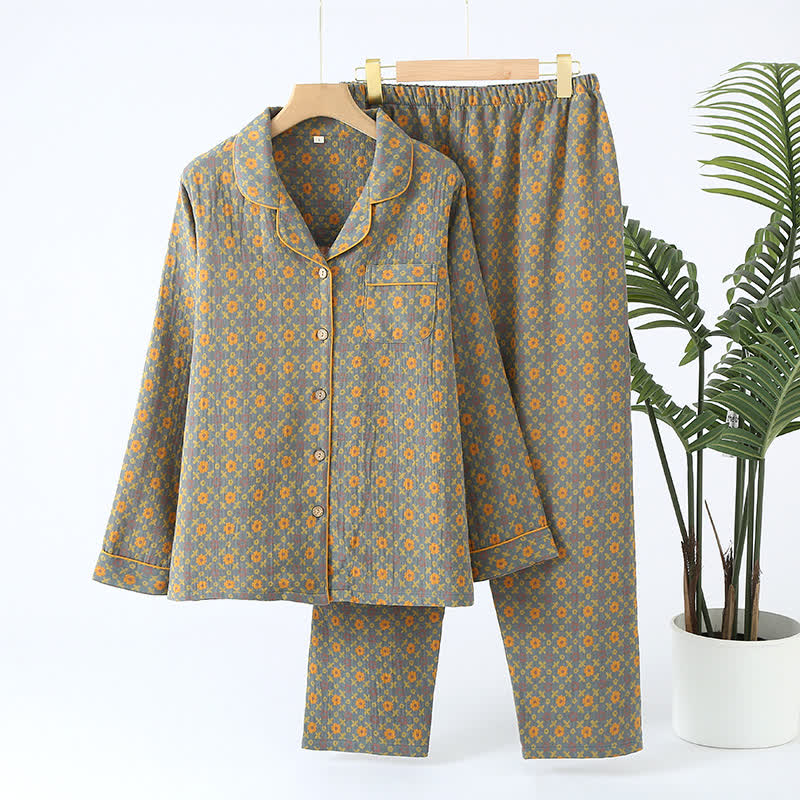 Vintage Baumwollgaze Cardigan Nachtwäsche Set