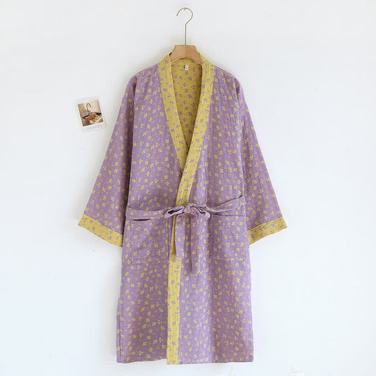 Kimono-Bademantel aus Baumwollgaze mit Jacquard-Blumenmuster