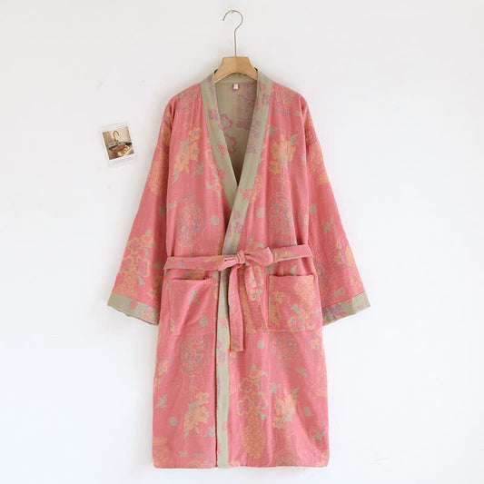 Bademantel aus Baumwollgaze mit Kimono-Jacquard-Blumenmuster
