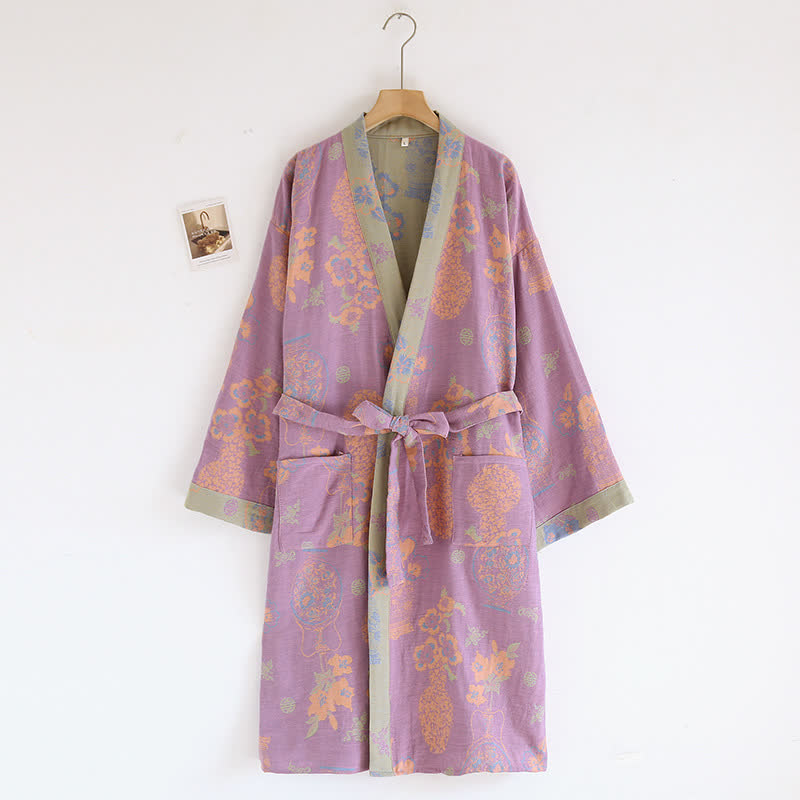 Bademantel aus Baumwollgaze mit Kimono-Jacquard-Blumenmuster