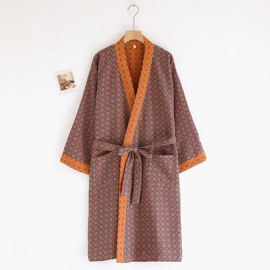 Kimono-Bademantel aus Baumwollgaze mit Rautenmuster
