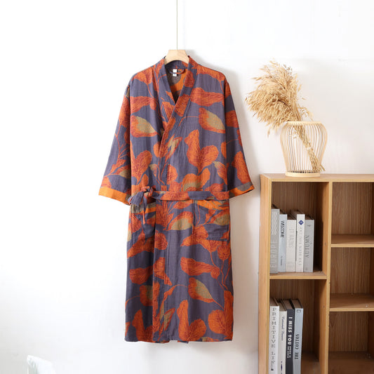 Weicher Bademantel aus Baumwollgaze mit Jacquard-Blattmuster