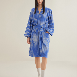Weicher Bademantel aus reiner Baumwolle mit einfachen Streifen - Blau - XL - image 0