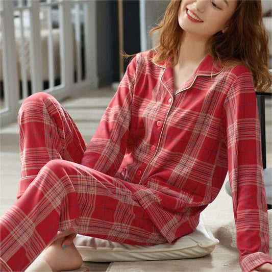 Pyjama-Set aus Baumwolle mit Gittermuster und langen Ärmeln