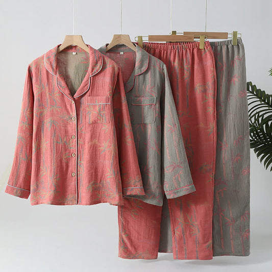 Garngefärbtes ländliches Pyjama-Set aus Bambus-Baumwollgaze