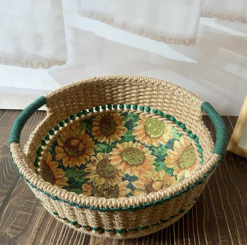 Handgemachter Tisch-Aufbewahrungskorb mit Sonnenblumenmotiv