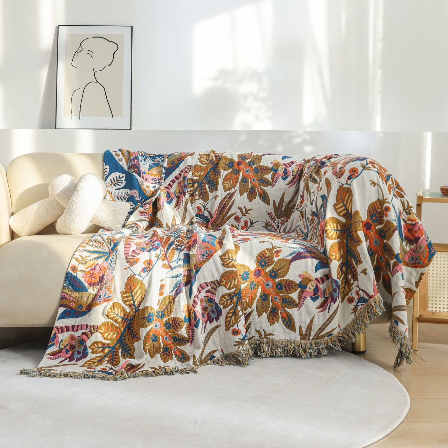Leichte Decke aus Baumwollgaze mit Retro-Blattmuster