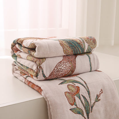 Leichte Steppdecke aus Baumwollgaze mit Blumenmuster und Vögeln
