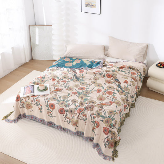 Leichte Steppdecke aus Baumwollgaze mit Blumenmuster und Vögeln
