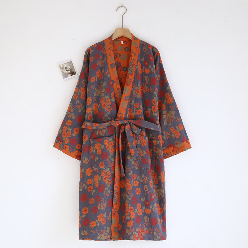 Bademantel aus Baumwollgaze im Kimono-Stil mit Jacquard-Blumenmuster