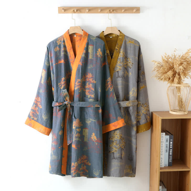 Atmungsaktiver Retro-Kimono-Bademantel aus reiner Baumwolle