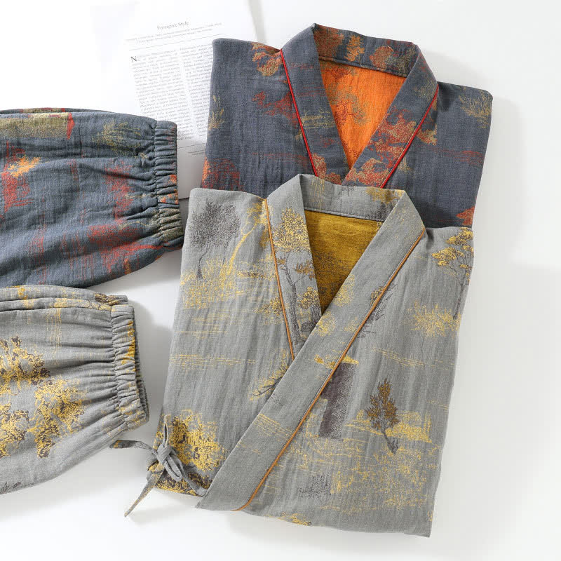 Neutrales Kimono-Pyjama-Set aus Baumwolle mit Landschaftsmotiv