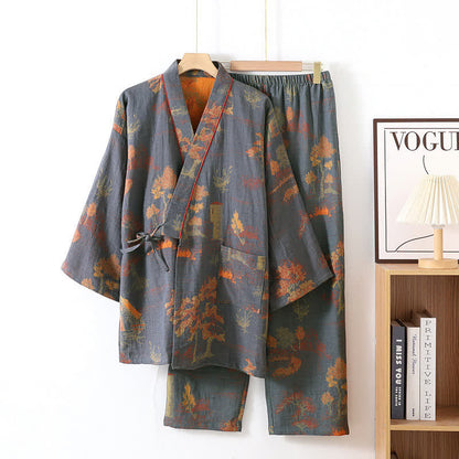 Neutrales Kimono-Pyjama-Set aus Baumwolle mit Landschaftsmotiv - Grau Blau - XL - image 11
