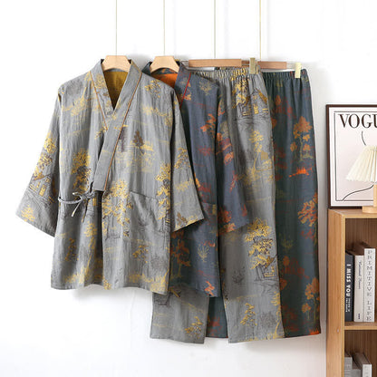 Neutrales Kimono-Pyjama-Set aus Baumwolle mit Landschaftsmotiv