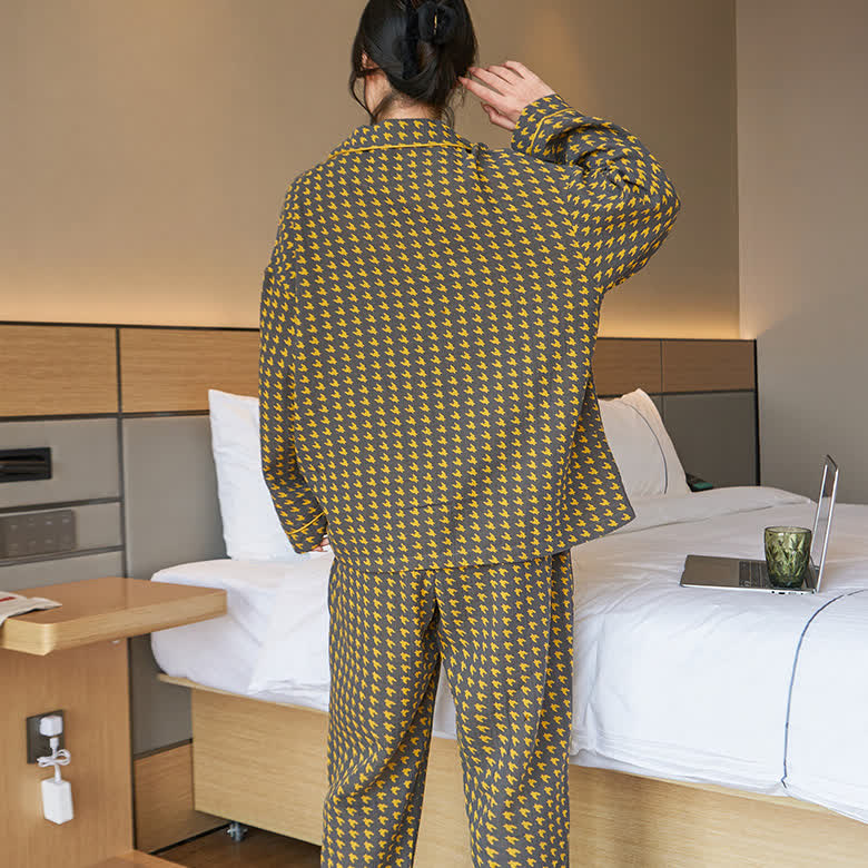 Pyjama-Set aus Baumwolle mit Hahnentrittmuster in Übergröße
