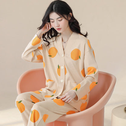 Ländliches Pyjama-Set aus Baumwolle mit V-Ausschnitt in Orange
