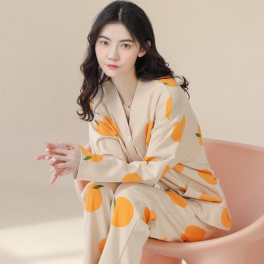 Ländliches Pyjama-Set aus Baumwolle mit V-Ausschnitt in Orange