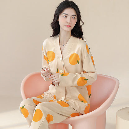 Ländliches Pyjama-Set aus Baumwolle mit V-Ausschnitt in Orange