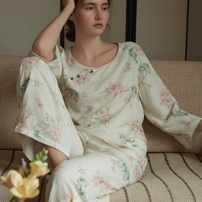 Pastorales Pyjama-Set aus Bambusfaser mit Rundhalsausschnitt