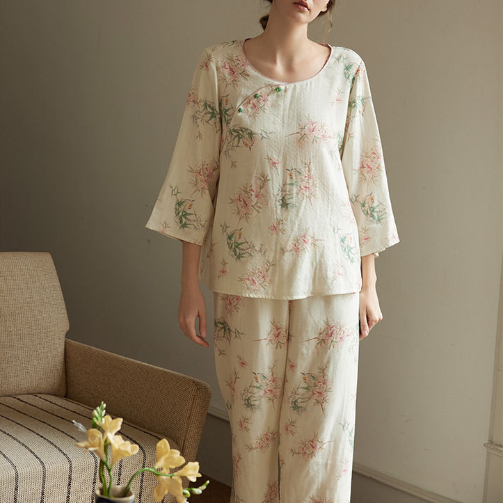 Pastorales Pyjama-Set aus Bambusfaser mit Rundhalsausschnitt