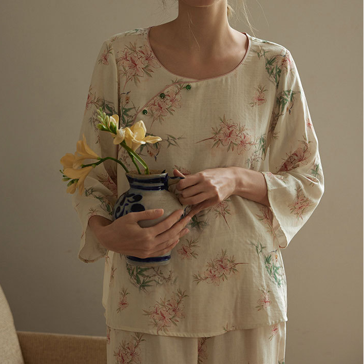 Pastorales Pyjama-Set aus Bambusfaser mit Rundhalsausschnitt