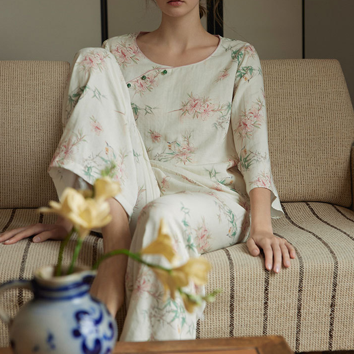 Pastorales Pyjama-Set aus Bambusfaser mit Rundhalsausschnitt