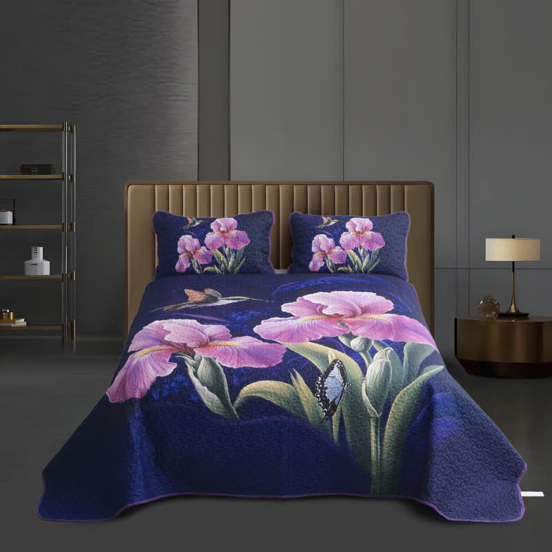 Gestepptes, weiches Bettwäscheset mit Blumen- und Vogelmotiv (3-teilig)
