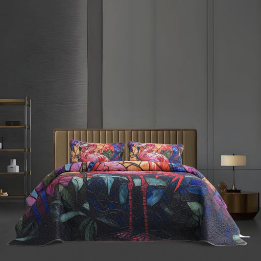 Gestepptes Bettwäscheset im tropischen Flamingo-Stil (3-teilig)