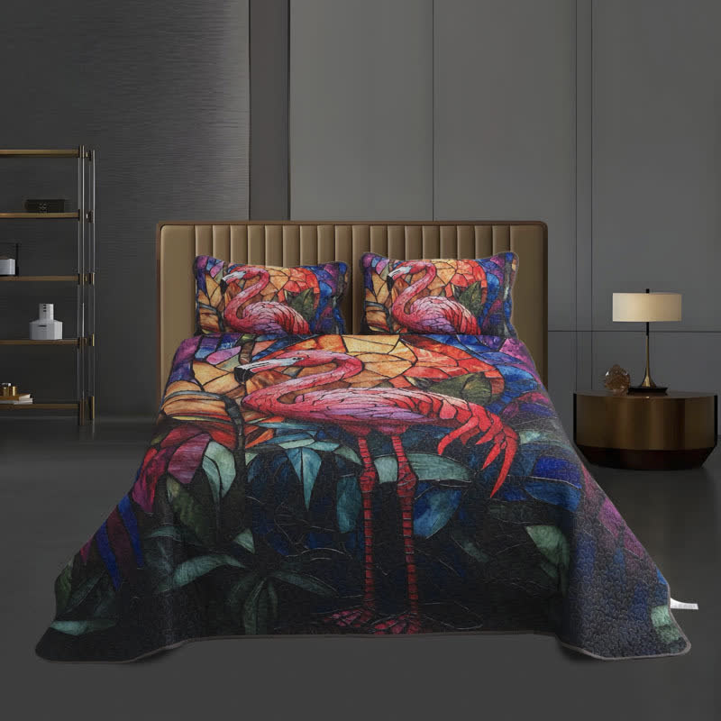 Gestepptes Bettwäscheset im tropischen Flamingo-Stil (3-teilig)