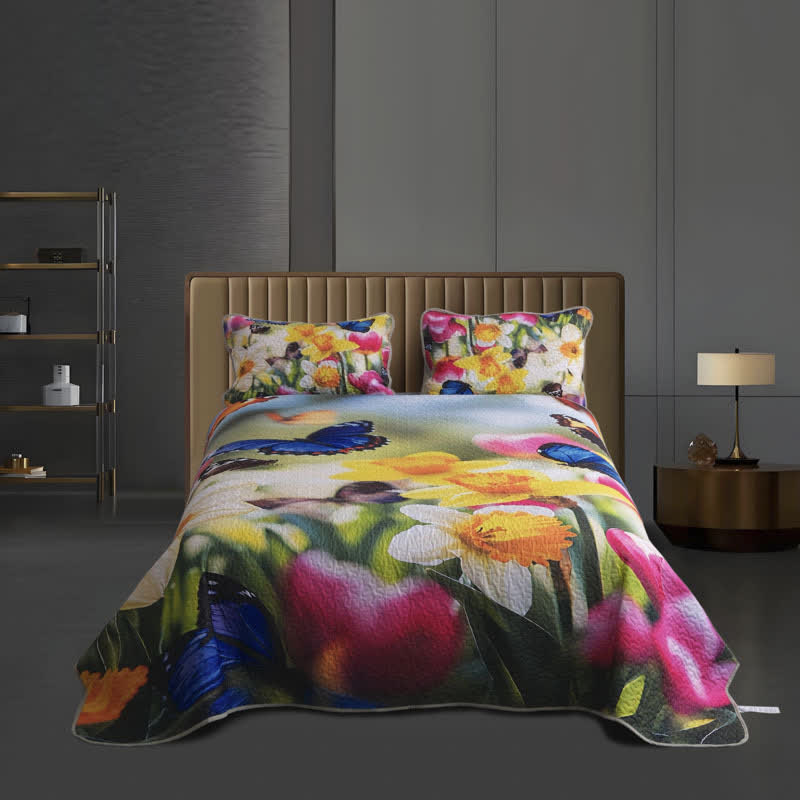 Buntes, gestepptes, leichtes Bettwäscheset mit Blumenmuster (3-teilig)