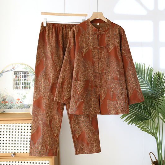 Froschknopf Retro Blatt Paar Pyjama Set