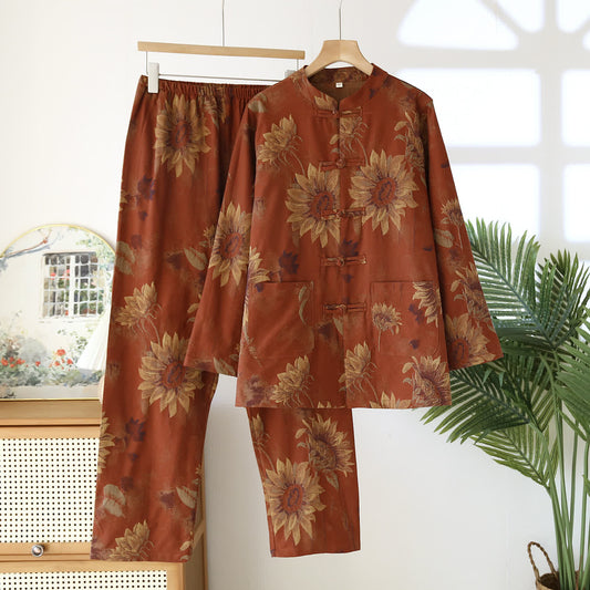Retro Sonnenblumen Stehkragen Paar Pyjama Set