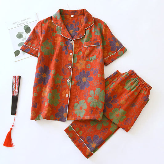 Kurzarm-Pyjama-Set aus Baumwolle mit Jacquard-Blumenmuster