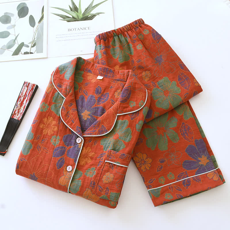 Kurzarm-Pyjama-Set aus Baumwolle mit Jacquard-Blumenmuster