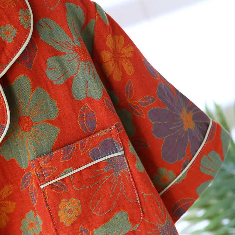 Kurzarm-Pyjama-Set aus Baumwolle mit Jacquard-Blumenmuster