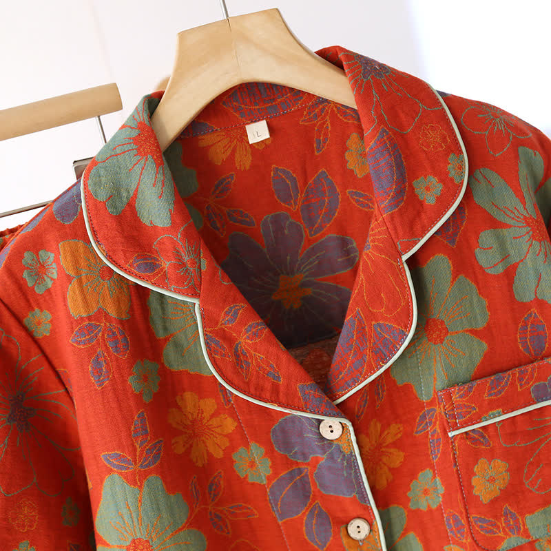 Kurzarm-Pyjama-Set aus Baumwolle mit Jacquard-Blumenmuster