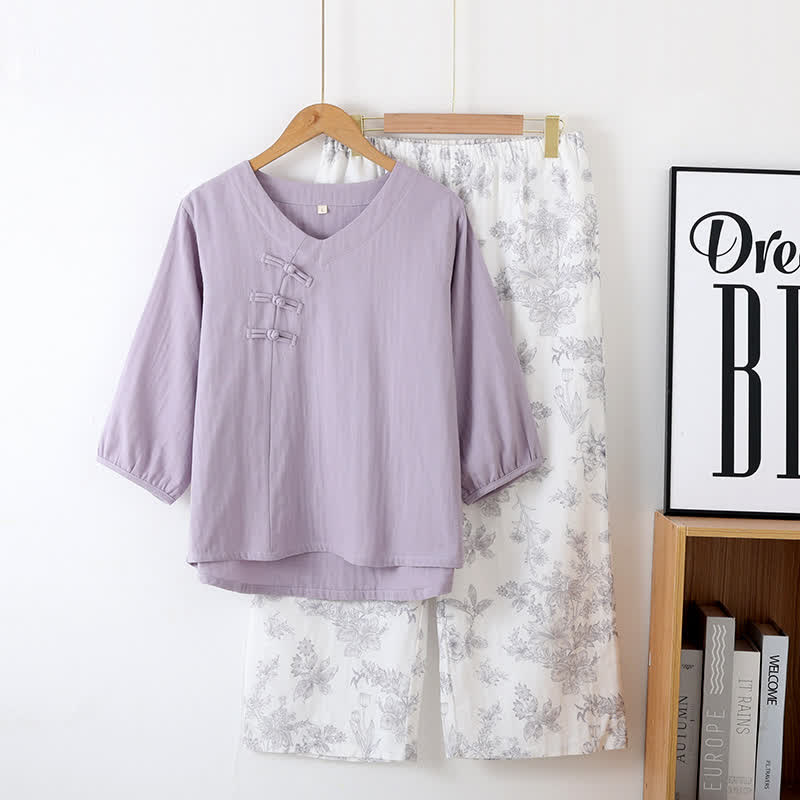 Pyjama-Set aus Baumwolle mit Blumenmuster und Dreiviertelärmeln