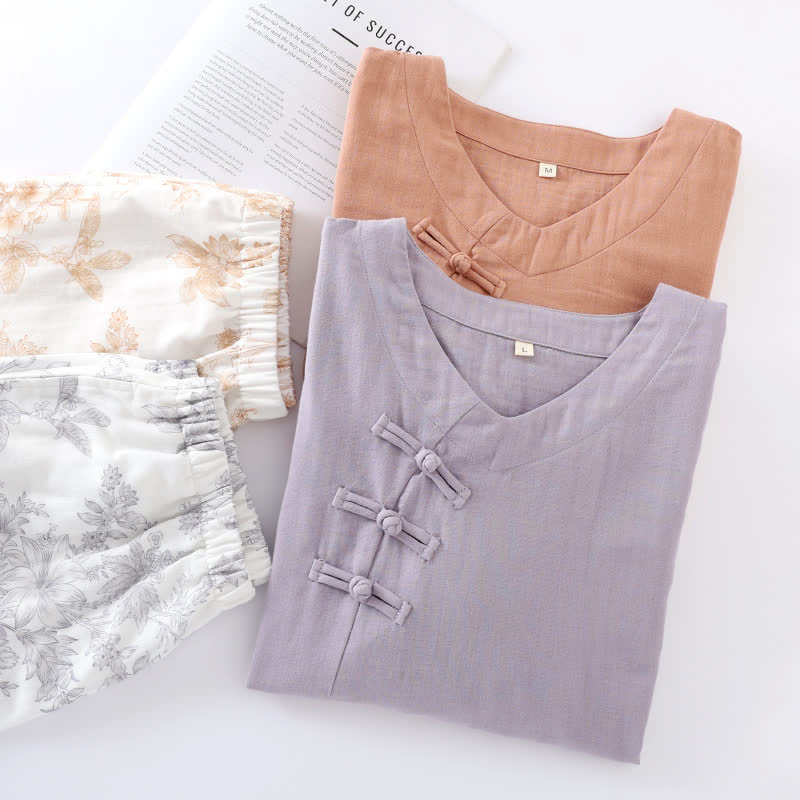 Pyjama-Set aus Baumwolle mit Blumenmuster und Dreiviertelärmeln