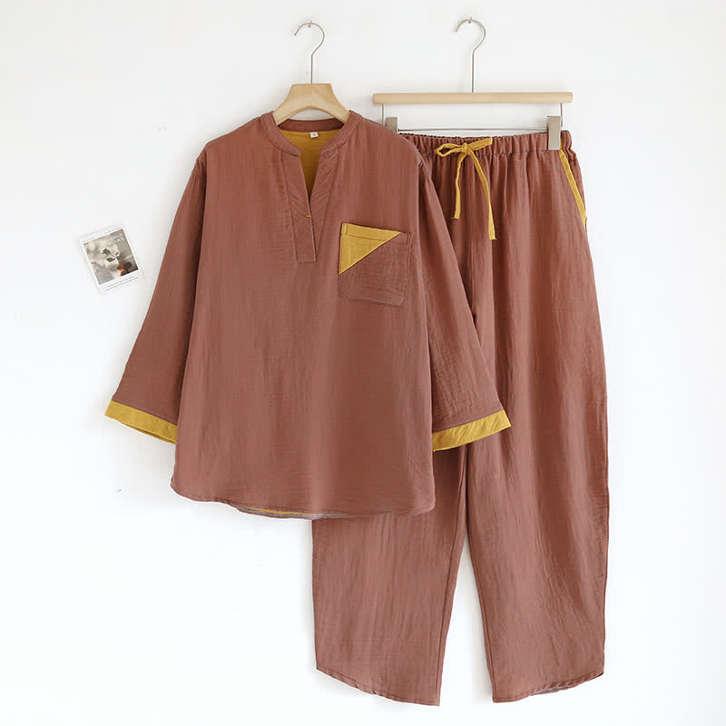 Doppellagiges Pyjama-Set aus Baumwollgaze mit Farbblockdesign