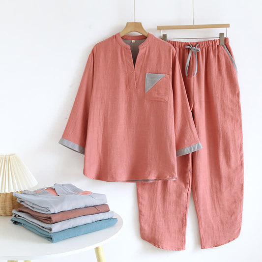 Doppellagiges Pyjama-Set aus Baumwollgaze mit Farbblockdesign