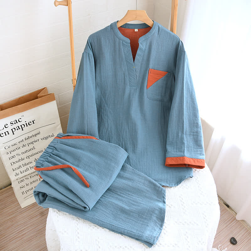 Doppellagiges Pyjama-Set aus Baumwollgaze mit Farbblockdesign