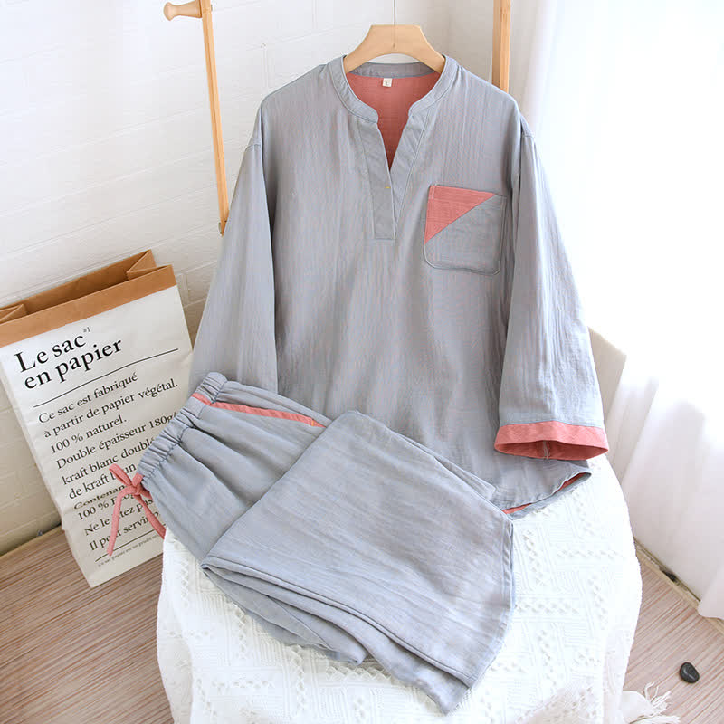 Doppellagiges Pyjama-Set aus Baumwollgaze mit Farbblockdesign